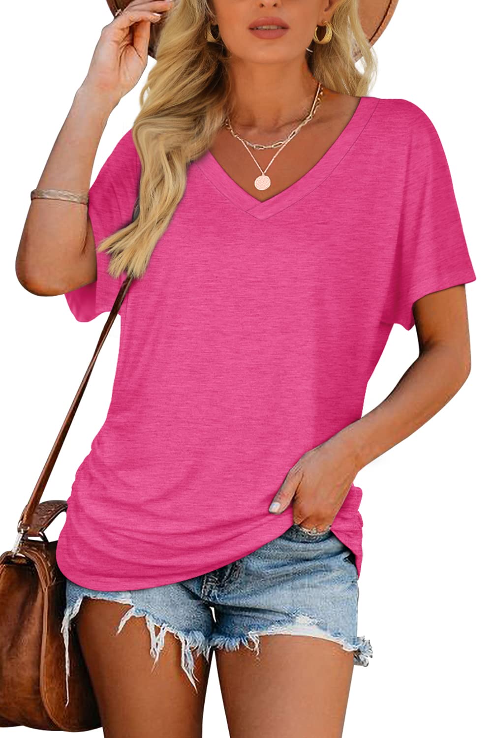 Begrenztes Angebot🔥Damen Kurzarm V-Ausschnitt Dolman-Oberteile mit seitlicher Raffung