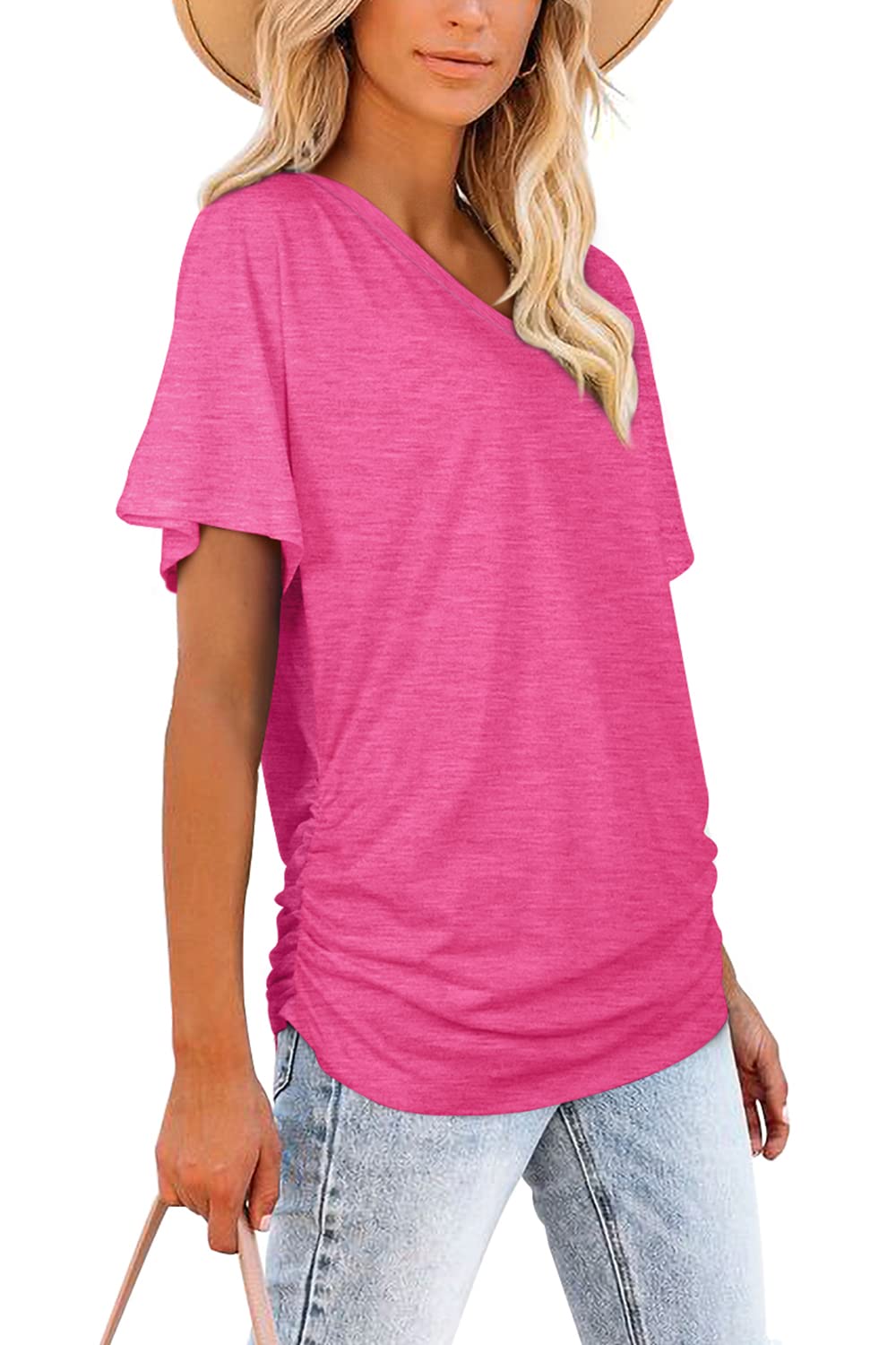 Begrenztes Angebot🔥Damen Kurzarm V-Ausschnitt Dolman-Oberteile mit seitlicher Raffung