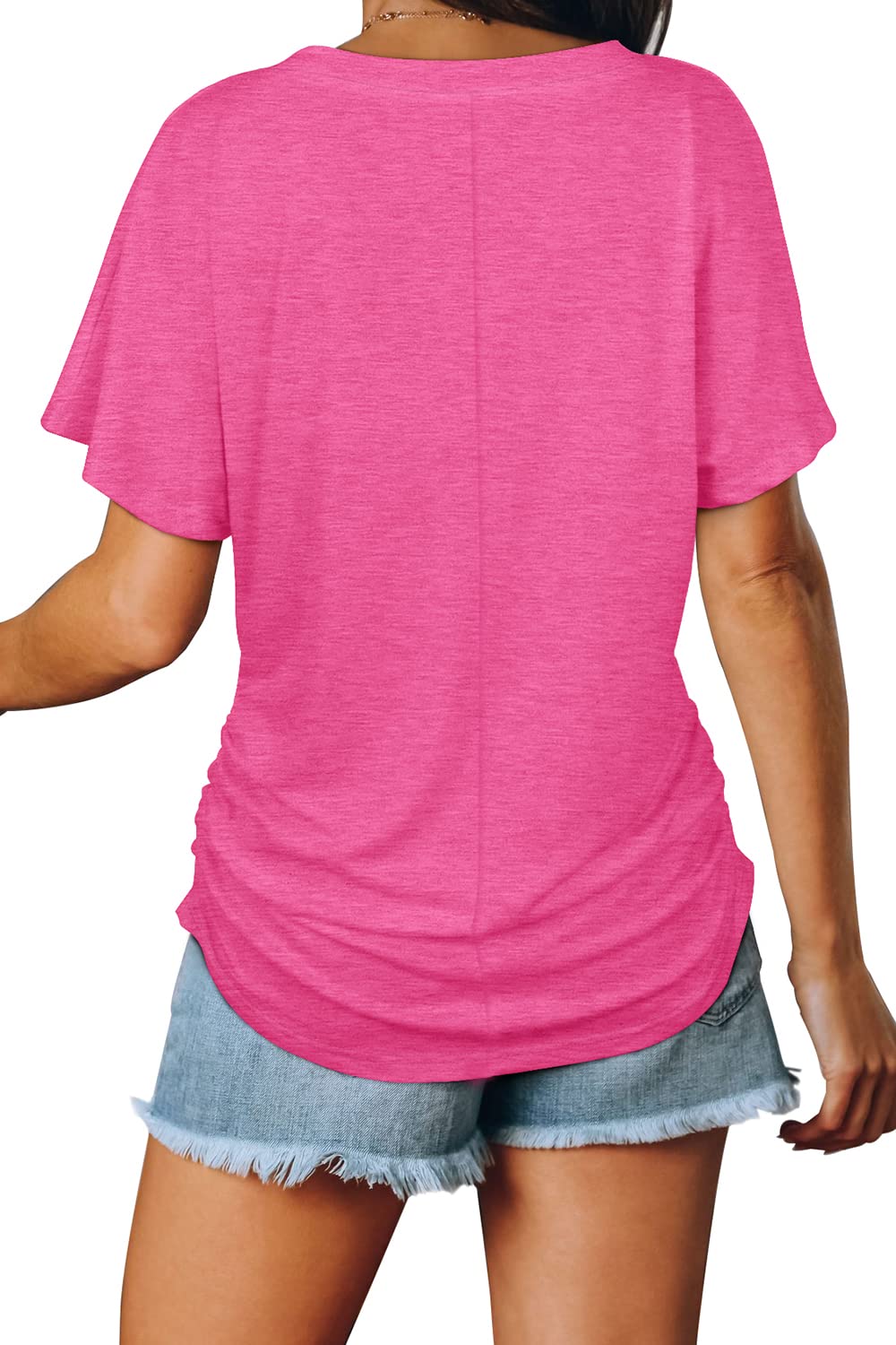 Begrenztes Angebot🔥Damen Kurzarm V-Ausschnitt Dolman-Oberteile mit seitlicher Raffung