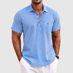 Short Sleeve Linen Polo Shirt Men Linen Horn Button Chest Pocket Relaxed Fit