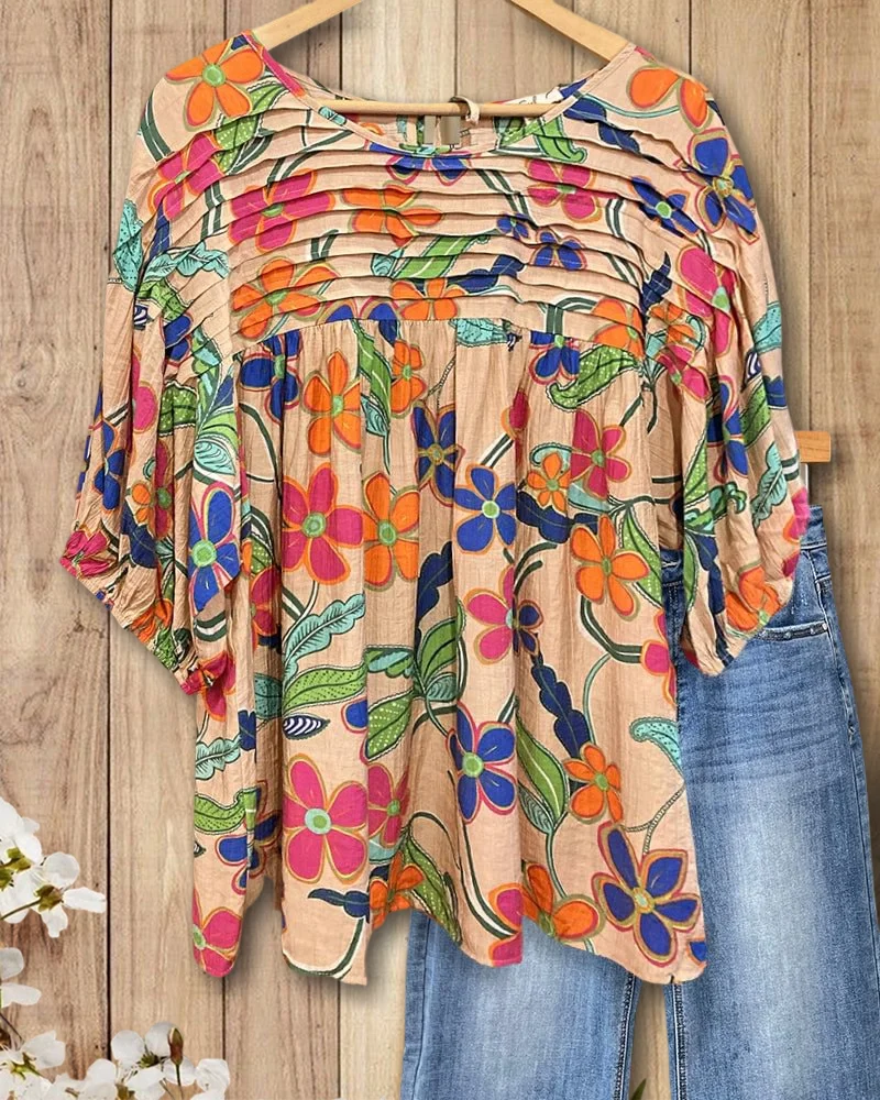 Applikations- und Blumendruck-Bluse mit Falten und Schößchen