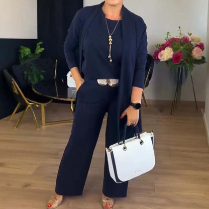 ⏳Zeitlich begrenztes Angebot⏰Elegantes 3-teiliges Set bestehend aus langem Cardigan, Top und Hose💞