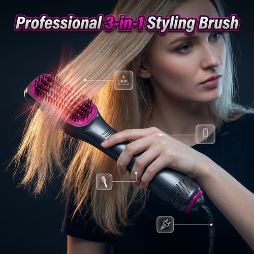 🔥LAST DAY 49% OFF🔥💇‍♀️3-in-1 Ionic Hair Dryer Brush ✨ One Step Hot Air Styling Brush for Straightening, Drying & Curling